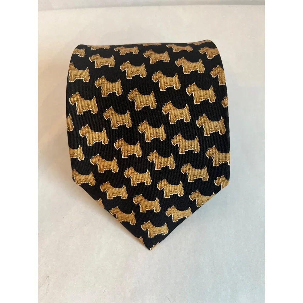 BROOKS BROTHERS Scottie Necktie Black Brown Tan Scottish Terrier Print Silk Tie